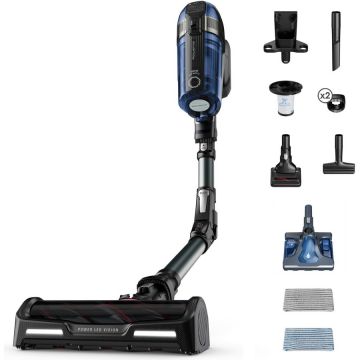 Aspirator vertical Rowenta XForce Flex 12.60 cu mop Aqua RH98C8WO, 320W, 45 minute autonomie, baza de incarcare, recipient praf 0.9L tehnologie flex, control Display, functie Boost, cap de aspirare Power LED Vision, Albastru/ negru