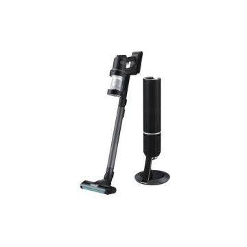 Aspirator vertical Samsung Bespoke Jet AI VS28C9784QK, 0.5L, Statie colectare praf Clean Station 2L, 25.2V, 730W, Digital Inverter, Wi-Fi, LCD, Perie Slim LED pentru parchet, Perie Active Dual LED pentru covoare, Perie Pet, 160 min (Negru)