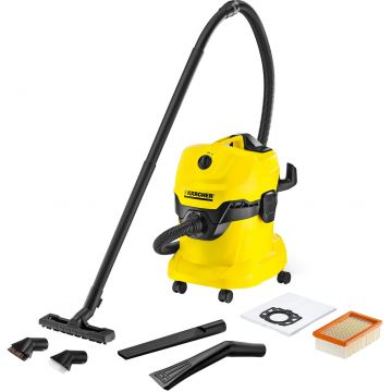 Aspirator multifunctional Karcher WD 4 Car Vac, 1000 W, 20 L, 40 kWh/an, Sistem de blocare Pull & Push, Maner detasabil, Accesoriu pentru spatii inguste, Galben