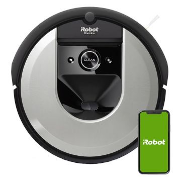 Aspirator robot iRobot Roomba I7 Silver 7156, Wi-Fi, Google Assistant & Alexa, 10 harti, 3-Stage Cleaning System, Bariere virtuale, Golire automata gunoi, Li-Ion, Gri