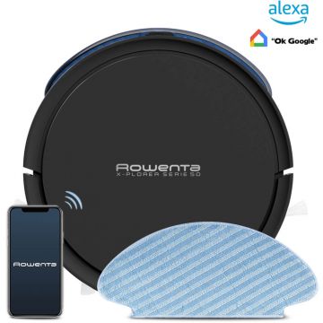 Aspirator robot Rowenta X-Plorer Serie 50 RR7375WH, Mop, Wi-Fi, 0.4 L, 12 kWh/an, Control prin aplicatie, Animal Care, 3 Functii de curatare, Autonomie de 120 min, Negru