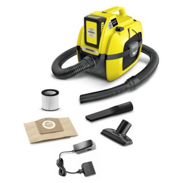 Aspirator umed/uscat cu sac Karcher WD 1 Compact Battery Set, Acumulator Litiu-ion, 18 V, 2.5 Ah, Timp incarcare 5 ore, Galben