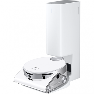 Samsung Aspirator Robot Samsung Jet Bot AI VR50T95735W/GE, 170W, Recunoastere obiecte AI, LiDar, Senzor 3D; trepte, Monitorizare video, Statie de colectare Clean Station, Motor Digital Inverter, Filtrare 99.999%, Select & Go, No go Zone, Alb