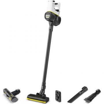 Aspirator vertical Karcher VC 4 Cordless MyHome Pet, 1.198-633.0, 2 trepte de viteza, 21,6 V, 2,5 Ah, 650 ml, autonomie 30 min (max), functie Boost, duza pentru spatii inguste, perie moale 2 in 1, suport perete (Alb/Negru)