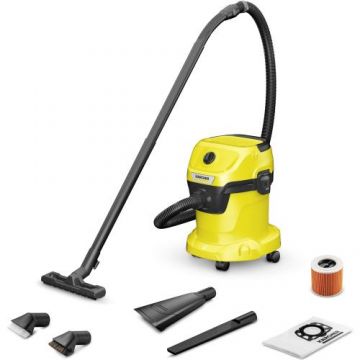 Aspirator umed-scat Karcher WD 3 V-15/4/20 Car, 1.628-121.0, Aspirare umeda si uscata, rezervor de 15 L, furtun de 2 m, 1000 w, functie de suflare, include duza auto, perie de aspirare cu peri moi, perie de aspirare cu peri tari (Galben/Negru)